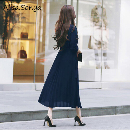 Alisa.Sonya Chiffon Pleated Pencil Dress for Women Puff Long Sleeve Elastic waist Slim Casual Long  Korean Dresses