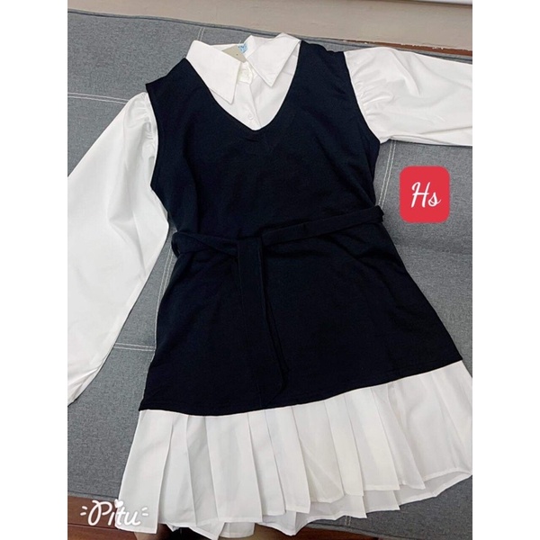 Sét váy 2 món, áo gile đen mix váy trắng style Hàn