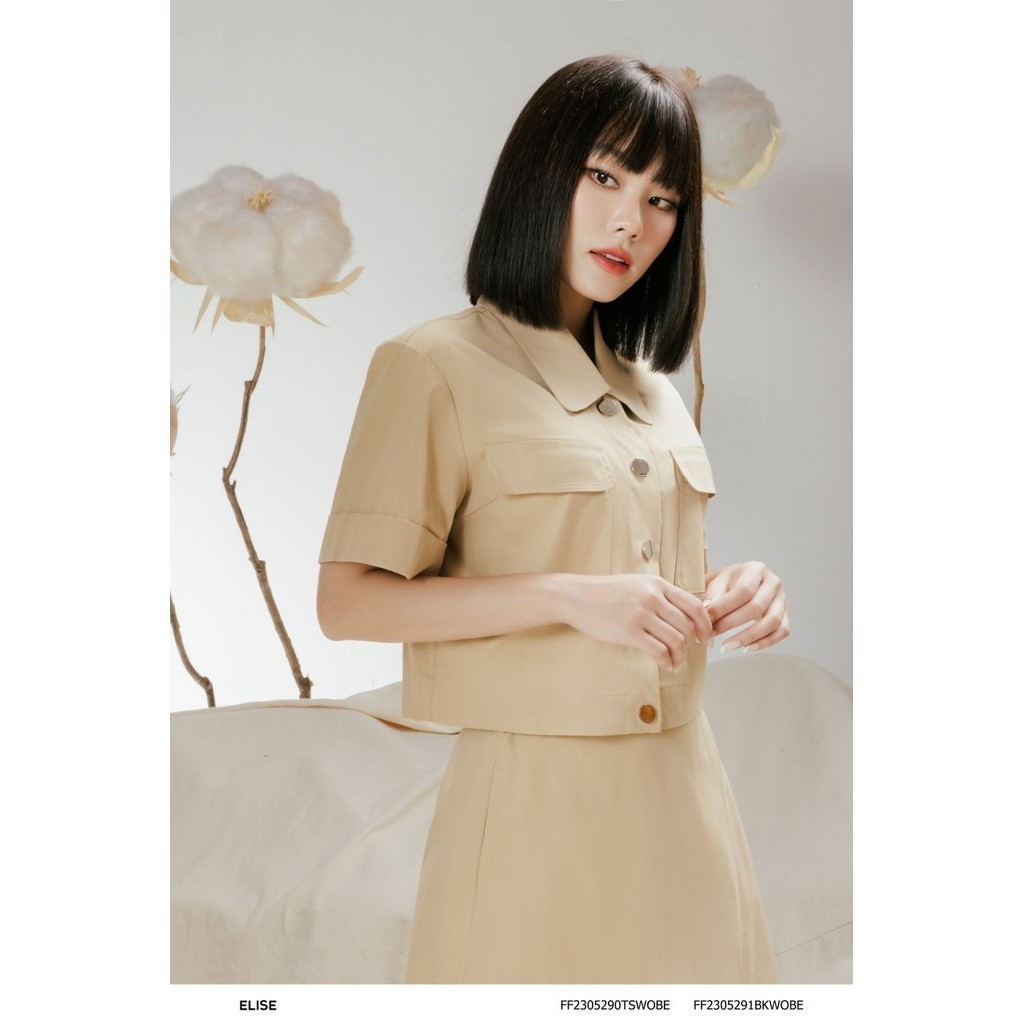 Áo sơ mi kaki be túi ngực thiết kế elise ff2305290tswobe