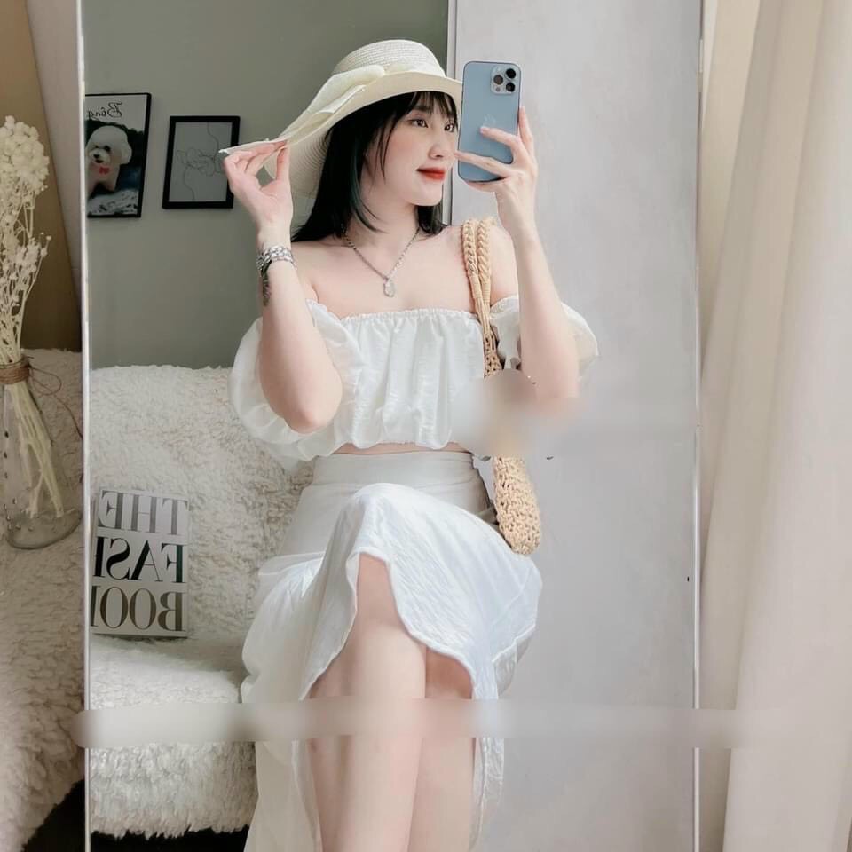 Set bộ thời trang nữ áo trễ vai chất lụa, váy đũi, set váy đũi, set bộ nữ sang chảnh, set bộ du lịch dễ thương