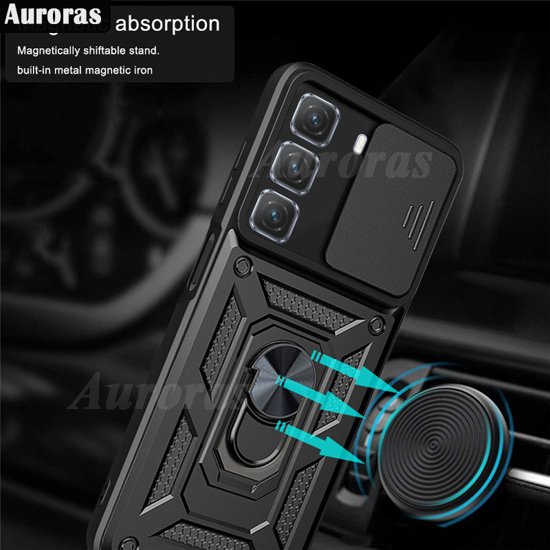 For infinix Hot 50 Pro Plus Phone Case Camera Lens Protector Shockproof Armor Iron Metal Car Ring Kickstand Bracket Casing for infinix Hot 50 Cover Casing HP. 
