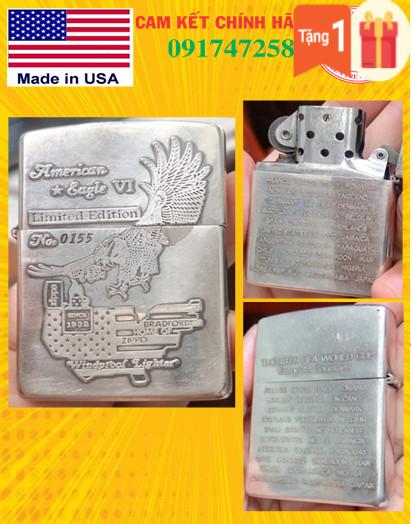 Bật lửa zippo mỹ lacke bạc đắp nổi full mặt chủ đề american eagle limited no.0155, sản xuất 1993
