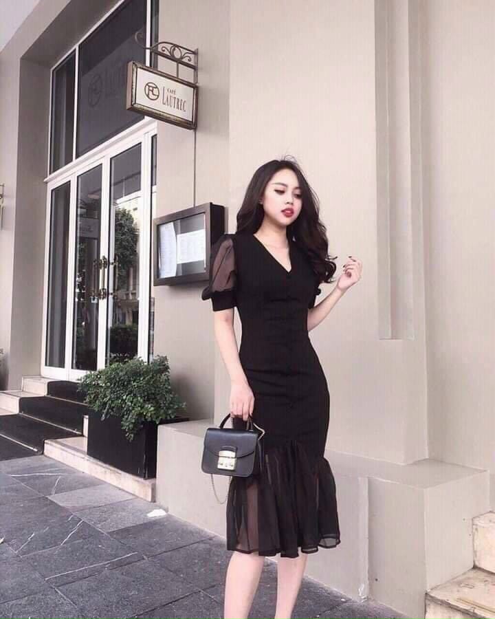 Đầm Body cổ v tay phồng cao cấp - YB220514