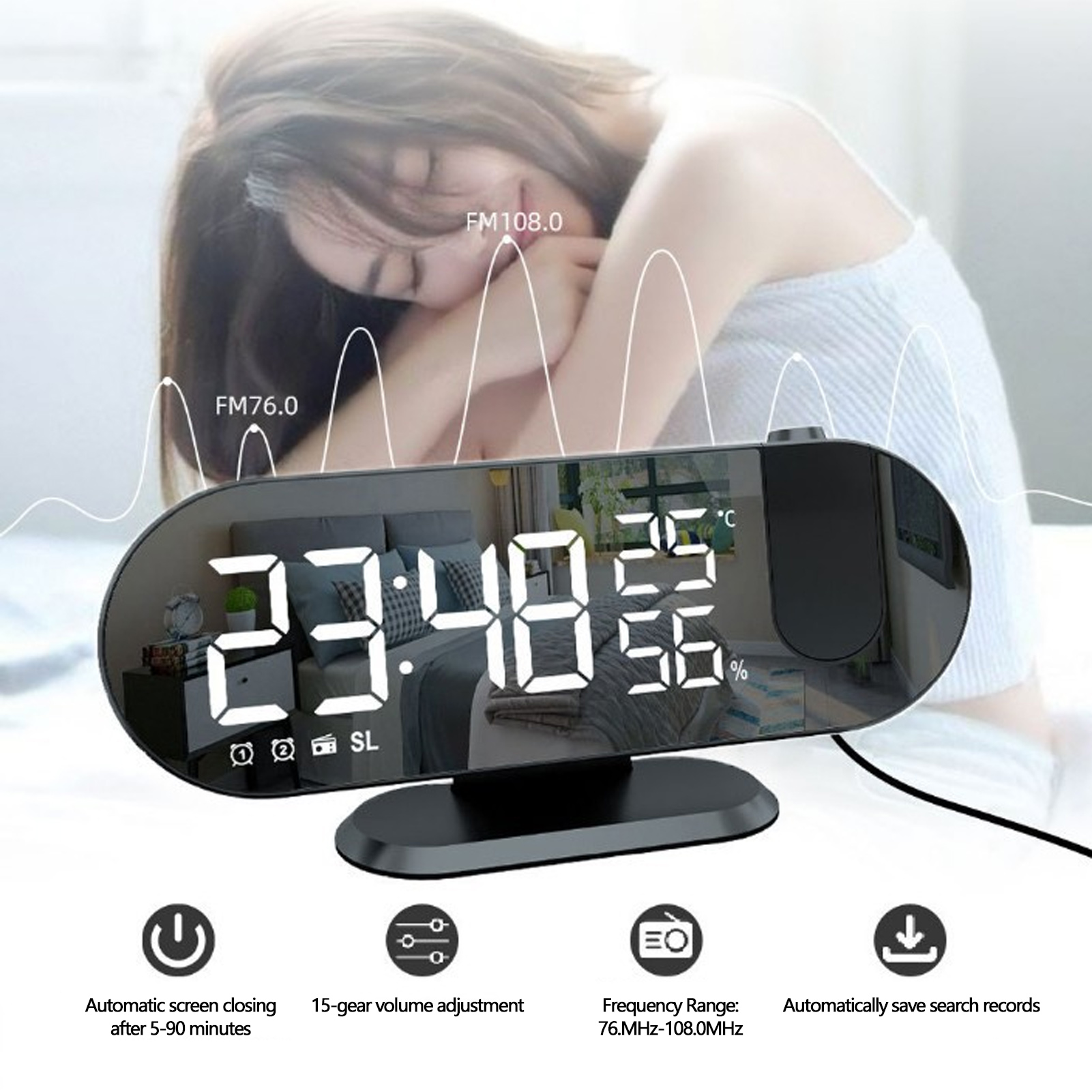 LED Projection Clock 180 Degree Projector Temp Humidity Display Digital Alarm Clock for Office Room