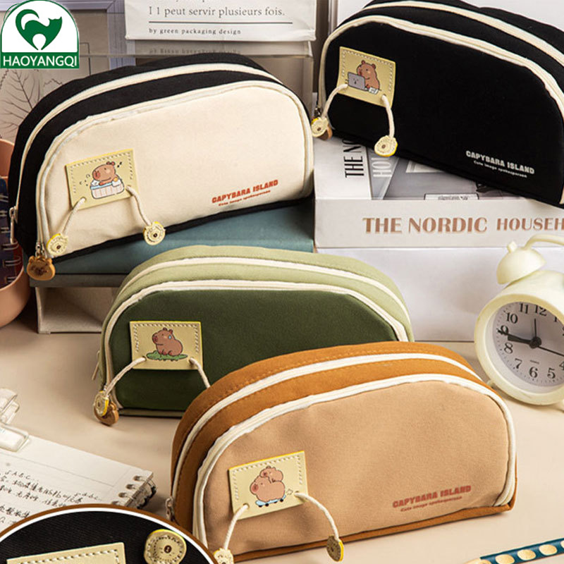 Capibala Pen Bag Multi functional Canvas Three Layer Large Capacity Pen Bag Cute and Creative Student Stationery Bag Pencil Bag