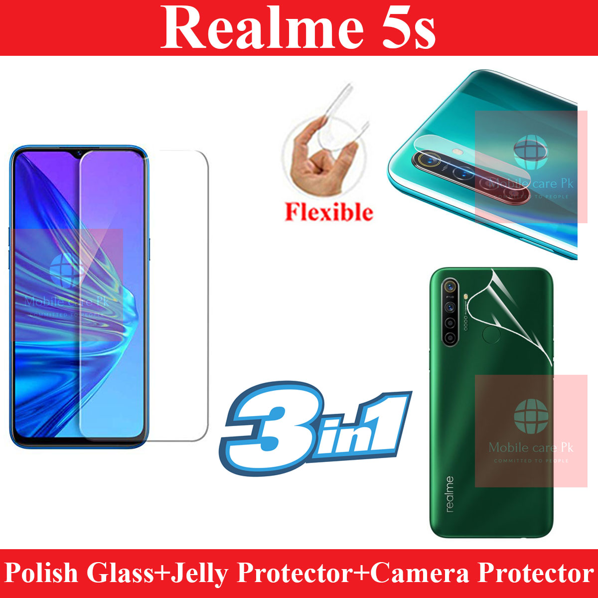 Realme 5s Tempered Glass Screen Protector + Back Hydrogel Soft Film jell Protector Sheet + Flexible Camera Protector 9H Gorilla Protector For Realme 5s. 