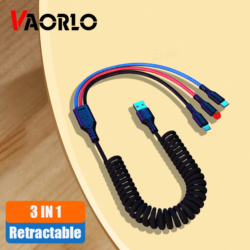 VAORLO Cáp Sạc Co Giãn Lò Xo 3 Trong 1 Cáp Thu Gọn Sạc Nhanh 1.2M/1.8M Cáp Sạc Điện Thoại Chiếu Sáng Micro Type-C Dây Sạc USB 5A