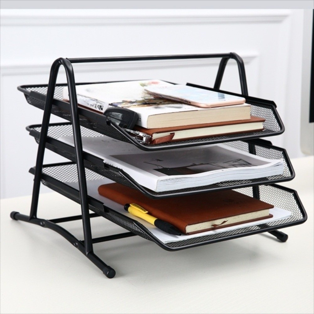 Space Saving Metal Three-layer File Rack Wire Mesh Drawer Style Desktop ...