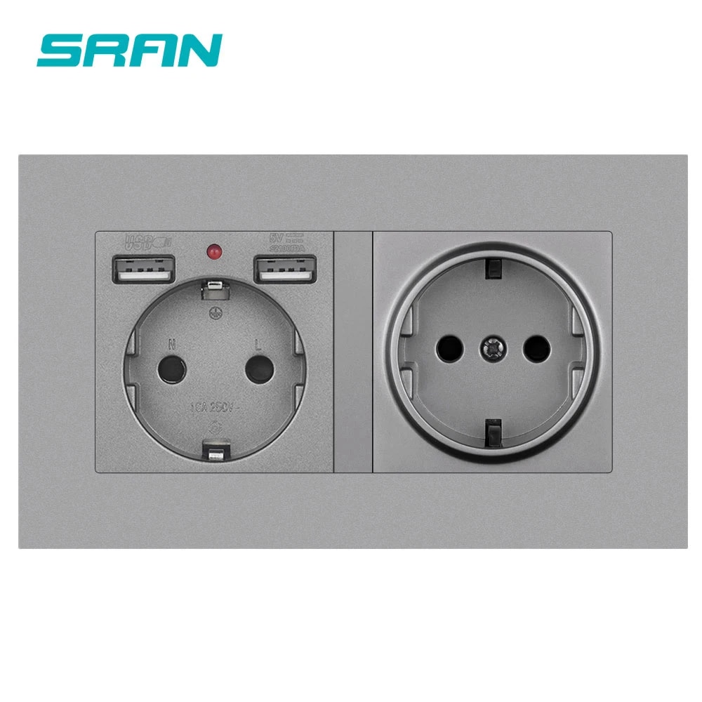 【Limited Time Only】 Sran Eu 2gang Power Socket 16a Electrical Plug Grounded Hide Led Indicator Double Socket With Usb 146*86mm Pc Panel Wall Socket