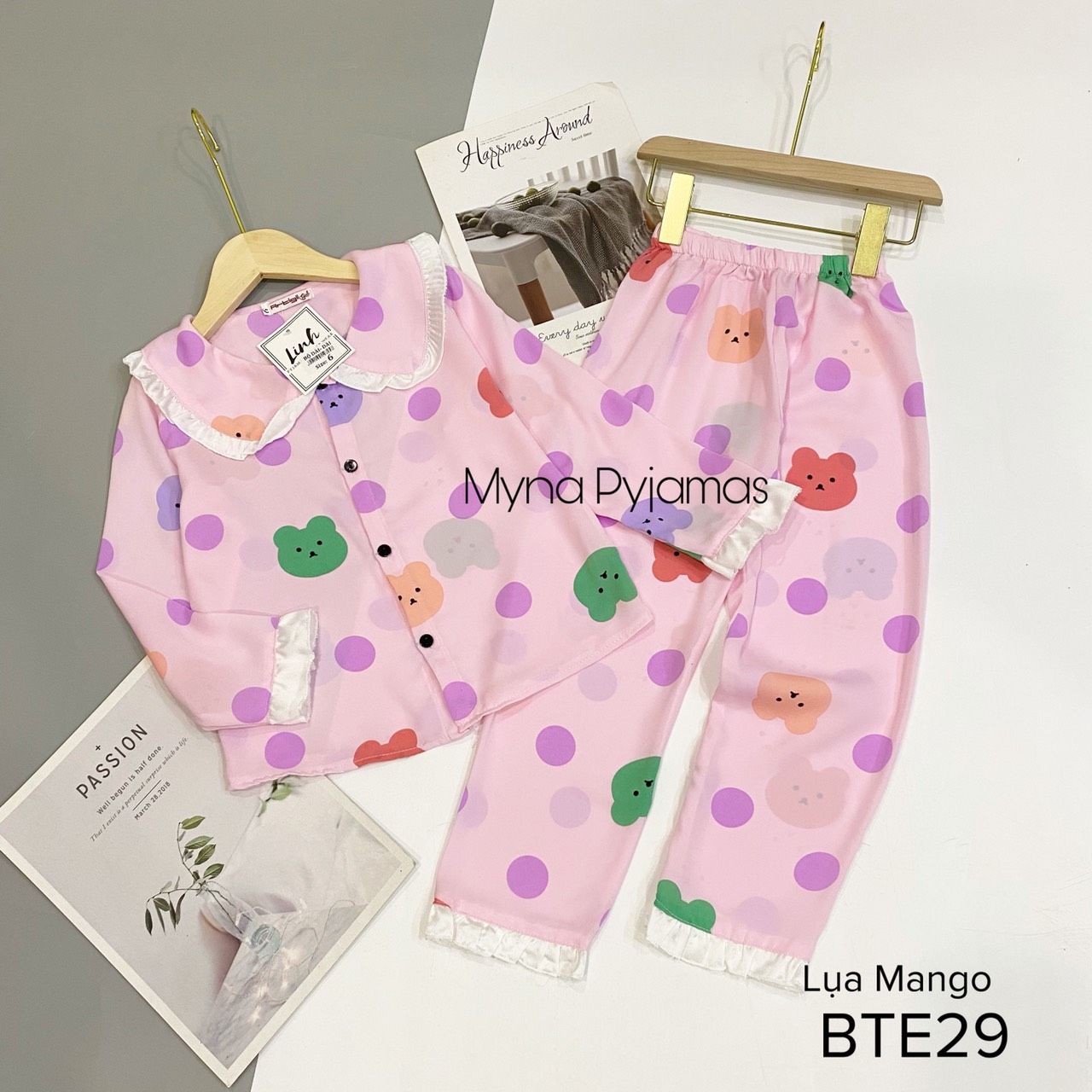 Bộ trẻ em tay dài, chất lụa Mango, ảnh chụp thật - MYNA PYJAMAS